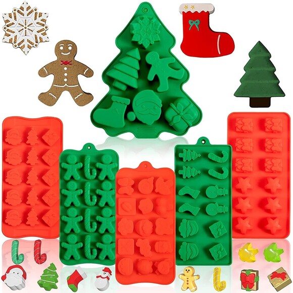 Christmas Silicone Molds Xmas Red Green Candy cake Mold Santa Xmas tree 6 pack - Picture 1 of 11
